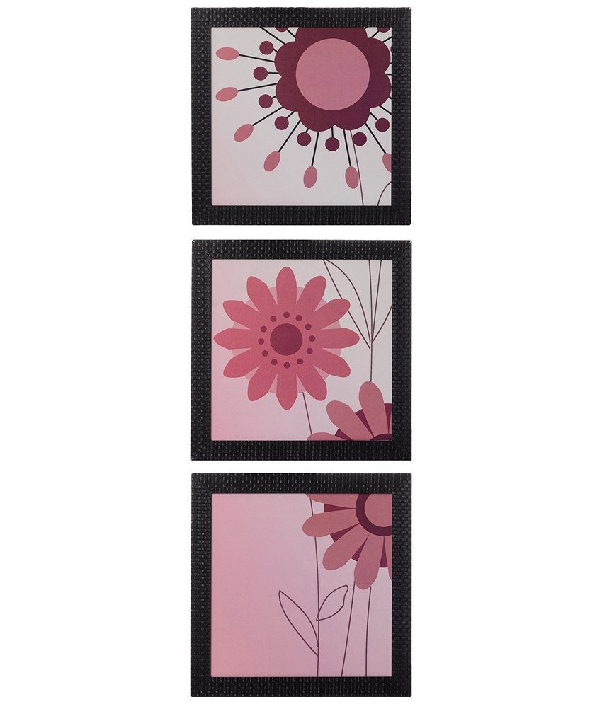     			eCraftIndia Pack of 3 Pink & White Floral Satin Framed UV Art Print Paintings