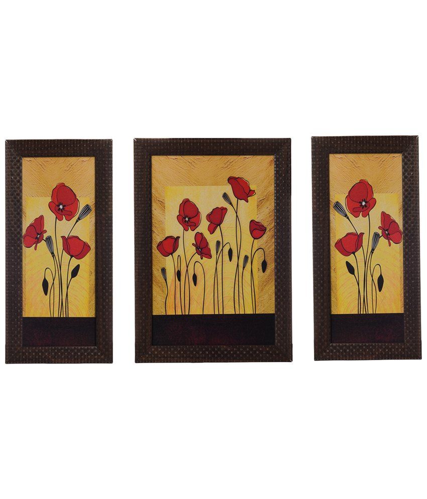     			eCraftIndia Set of 3 Brown & Red Floral UV Wall Art