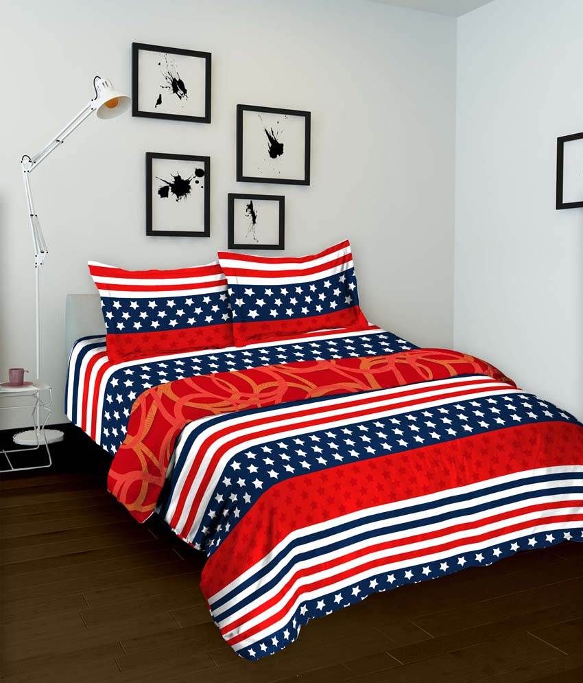 Tomatillo Red & Blue Striped Single Bedsheet with Pillow Cover - Buy ...