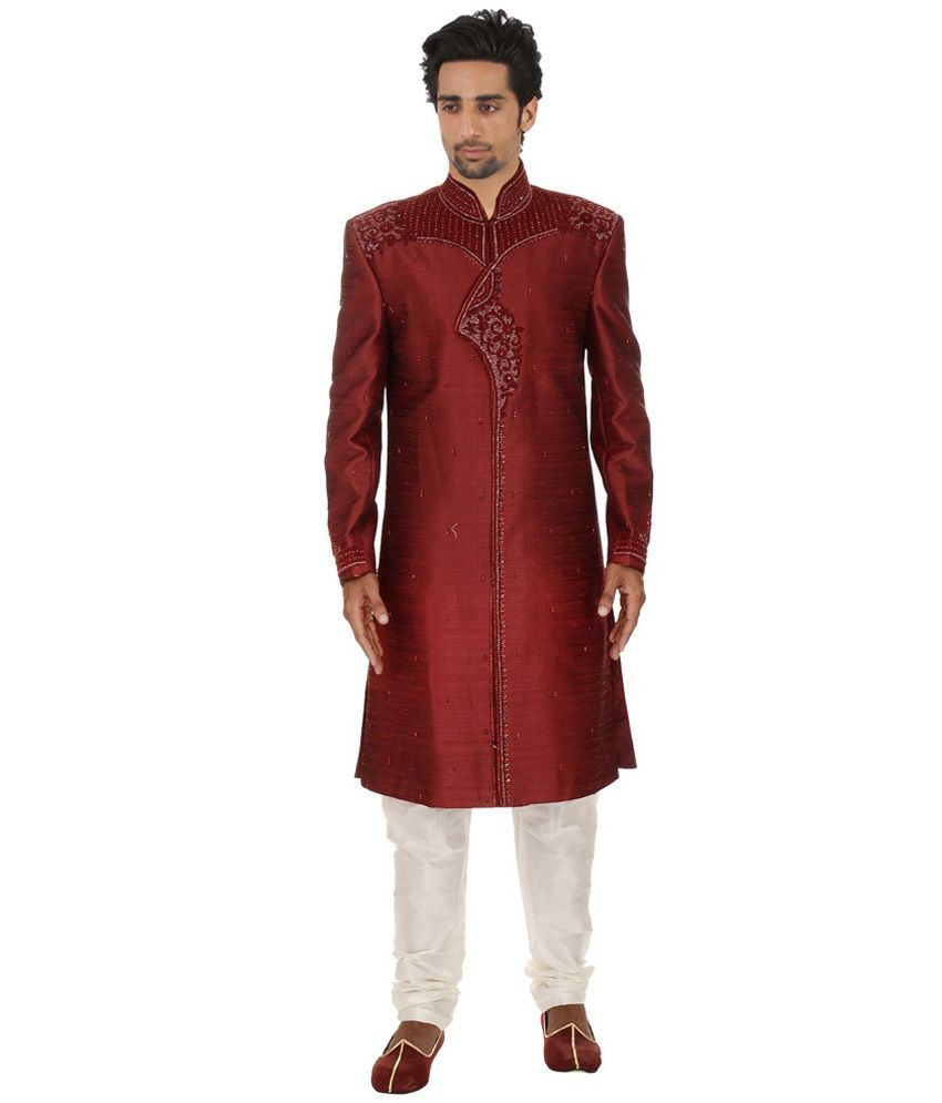 Ethine Maroon Silk Long Sherwanis - Buy Ethine Maroon Silk Long ...