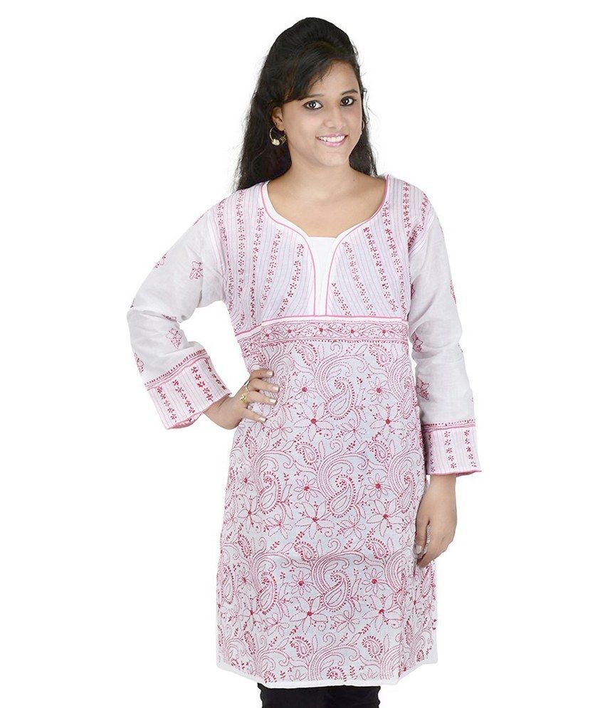 Parijat White Chikankari Cotton Kurti - Buy Parijat White Chikankari Cotton Kurti Online at Best 