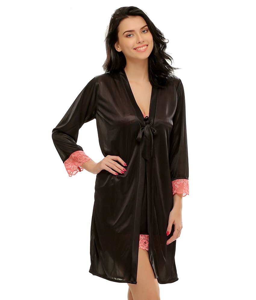     			Clovia Black Satin Nightsuit Sets Pack of 2