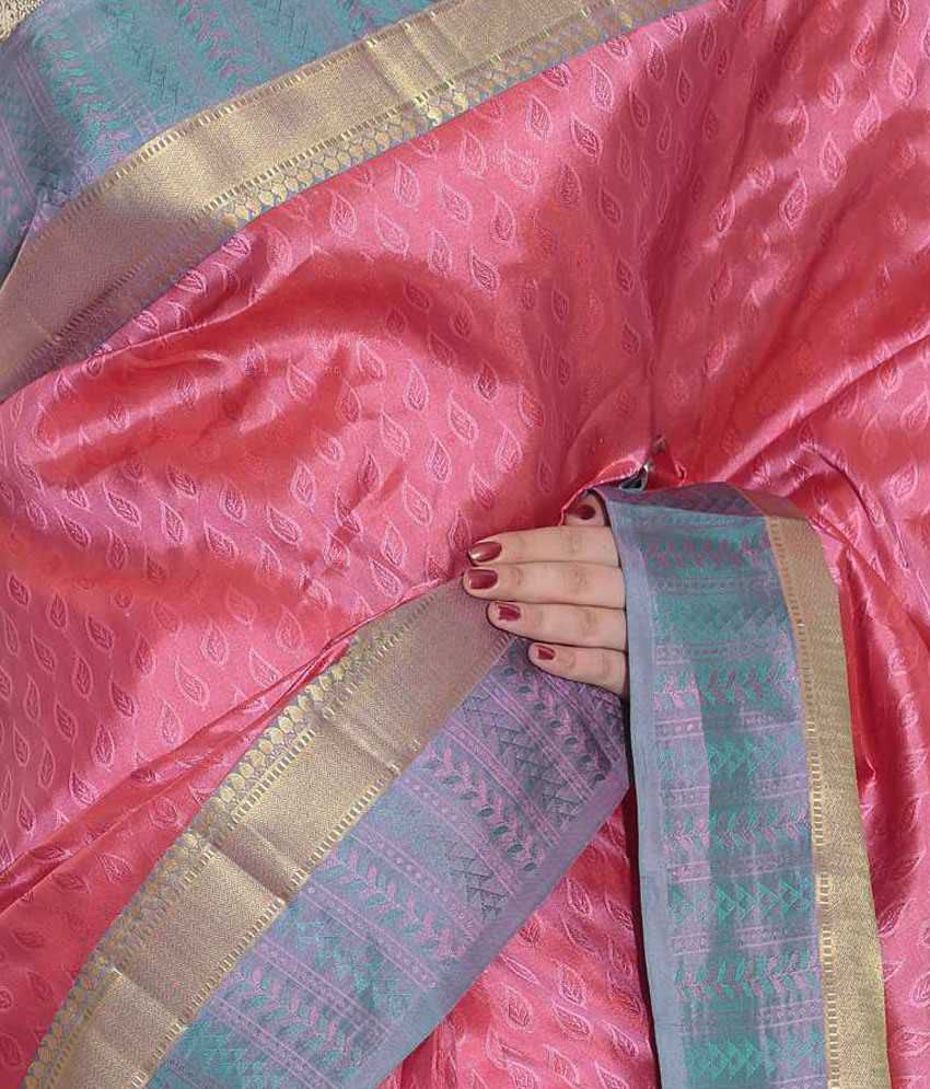 Pothys Pink And Blue Silk Vasundhara Lite Kanchipuram Saree With Blouse 