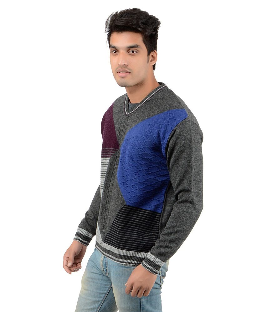 Domex Gray Full Sleeves Wool V-neck 