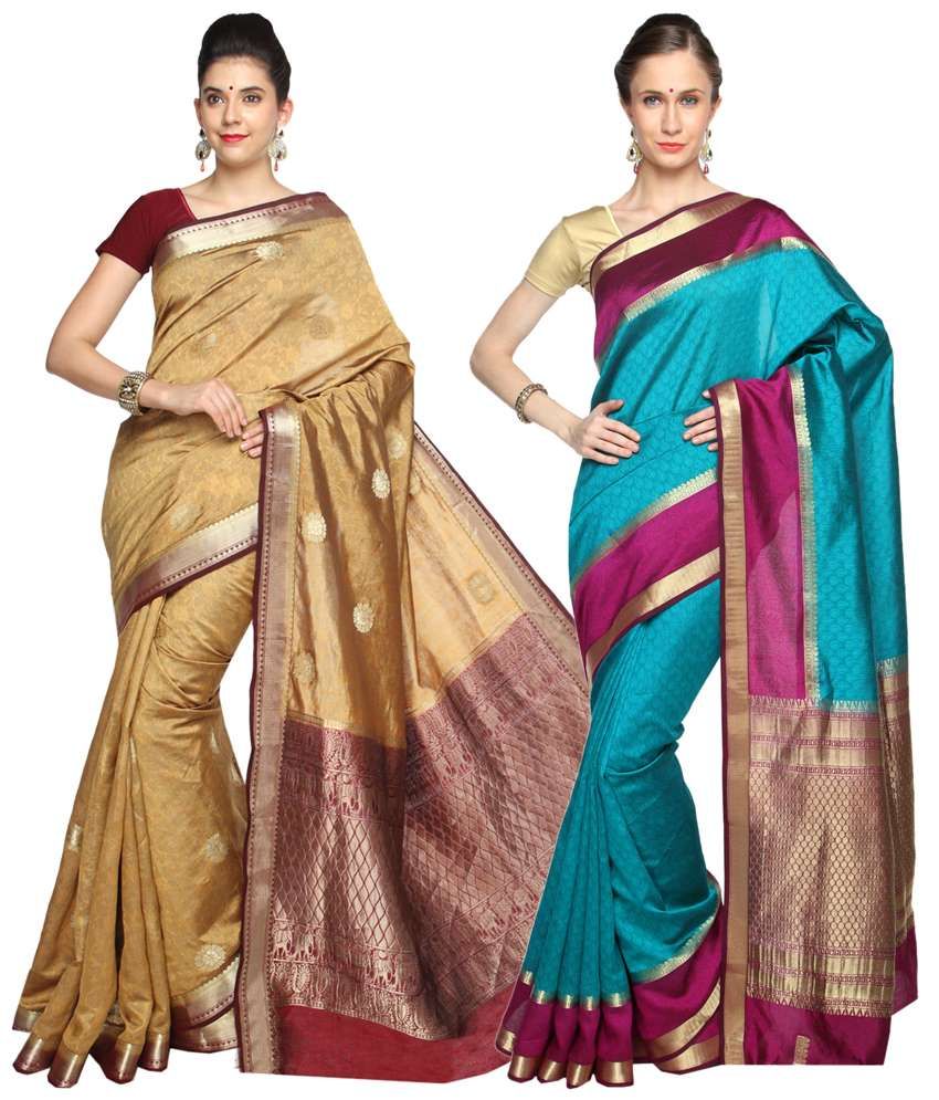 Reet Pack Of 2 Blue Golden Plain Cotton Sarees With Blouse
