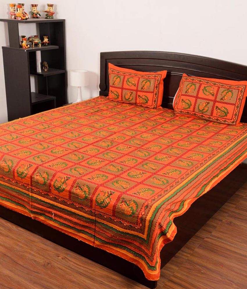 Rajasthanikart Multicolour Embroidery Cotton Double Bedsheet with 2