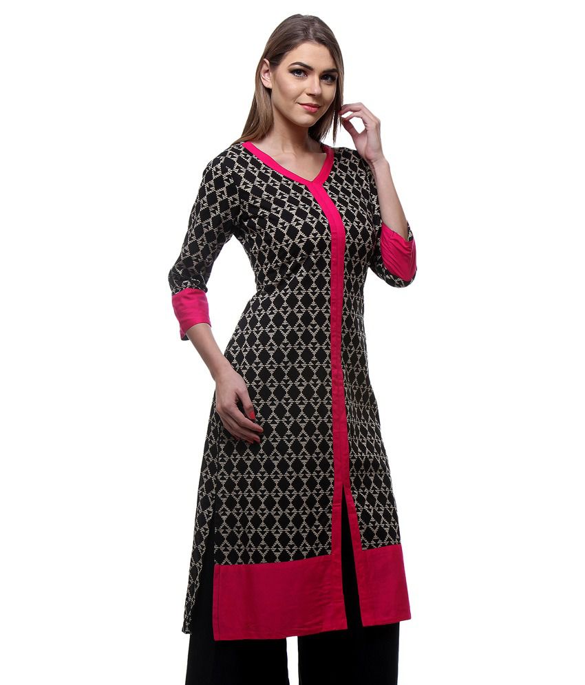 We-Desi Printed Front Open Slit Style Kurta With Solid Neck And Placket ...