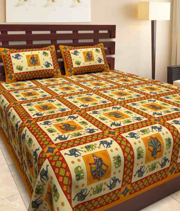 Uniqchoice 100 Pure Cotton Yellow Color Jaipuri Traditional King Uniqchoice 100 Pure Cotton Yellow Color Jaipuri Traditional King Size Double Bedsheet With 2 Pillow Cover