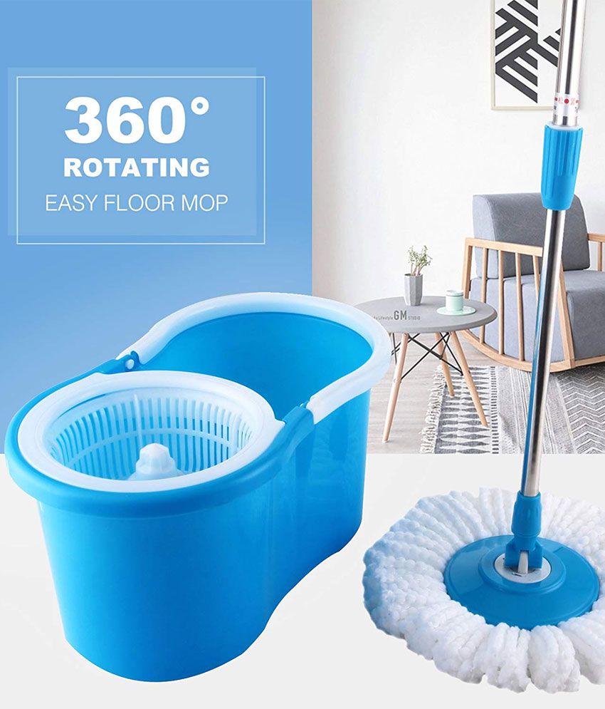 Round with Wheels 25Qt 2X Wheel for Home Cleaning Mop and Bucket with Wringer Set，Stainless Steel Deluxe 360 Spinning Mop Bucket Floor Cleaning System with 3 Microfiber Replacement Head Refills 