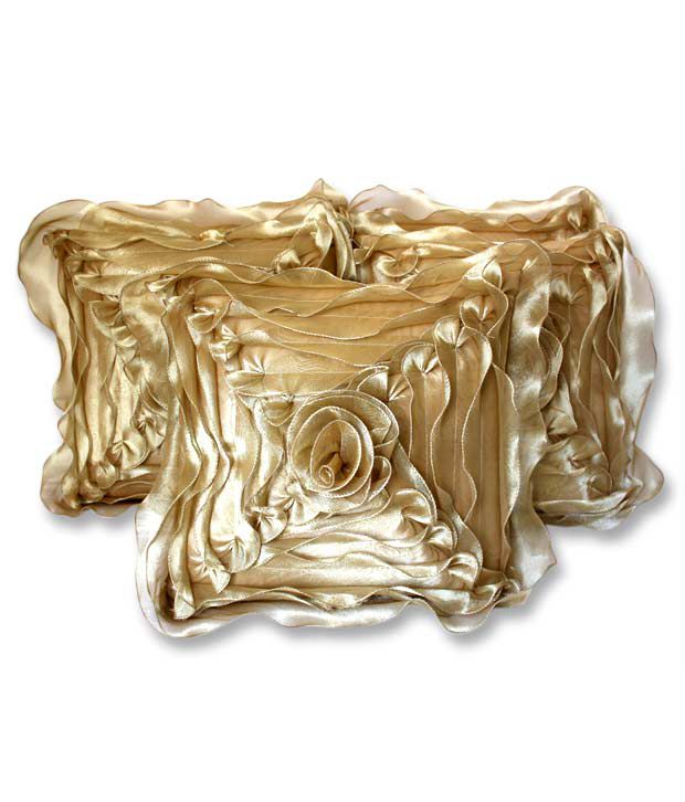     			Dekor World Gold Beige Tissue Flower Cushion Cover Set-5 Pcs