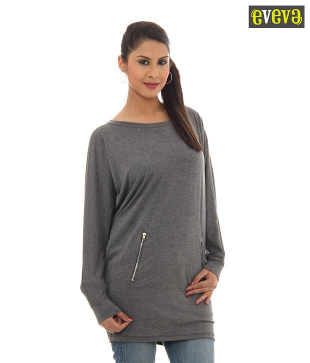 Buy Eveva Broad Neck Long Grey Top 