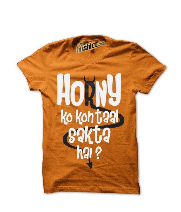 black t shirt with orange writing