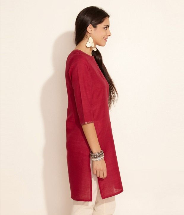 FabIndia Dark Pink Solid Art Silk Kurti 