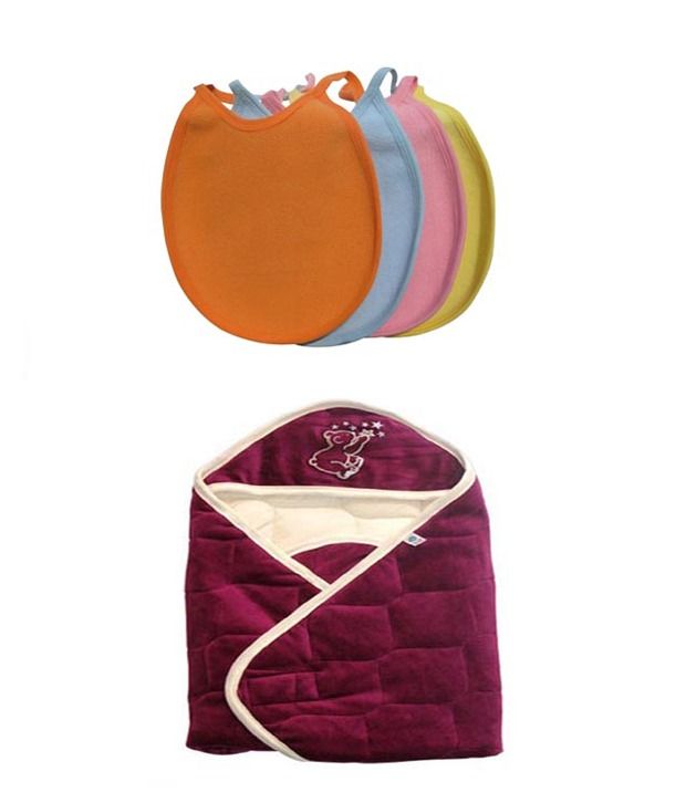 Combo Of Quick Dry Baby Wrapper Maroon+Quick Dry Plain BibsSet of 4
