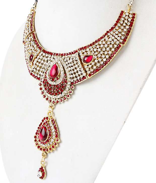 Ethnic Jewels Red Shimmer Necklace Set With Maang Tika: Buy Ethnic ...