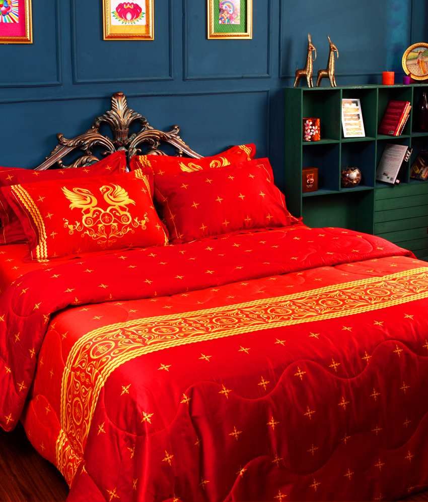 Portico New York Manish Arora Red Bedsheet & 4 Pillow Covers 300 TC Buy Portico New York
