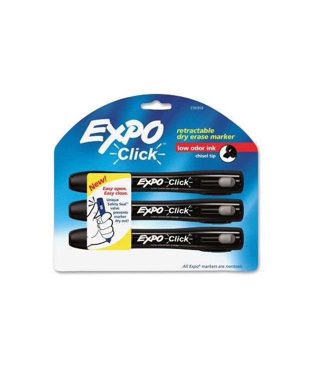 Expo Click Low Retractable Odor Chisel Tip Dry Erase Markers, 3 Black