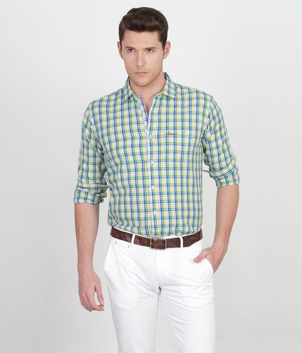 Basics 029 Checkered Green-Yellow Cotton Linen Slim Shirt - Buy Basics ...