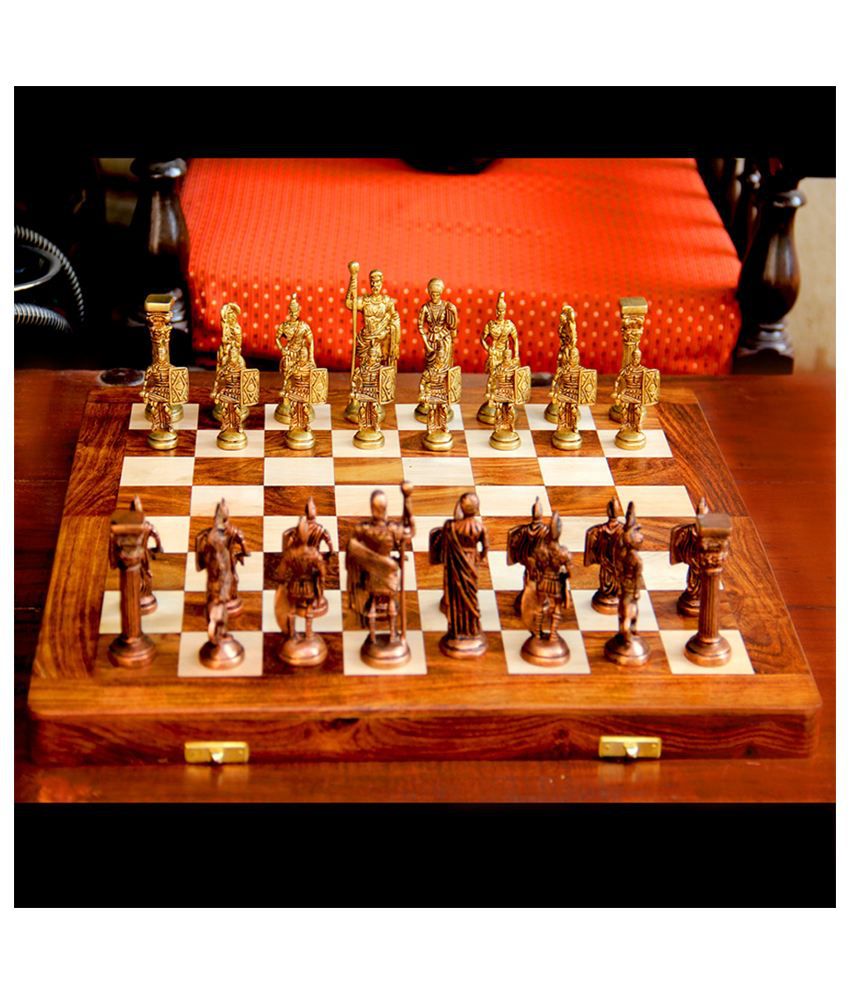     			Unravel India Multicolour Roman Brass Chess Set with Wooden Board