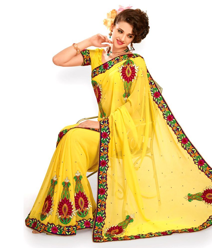 Chirag Yellow Rajshree Semi Chiffon Embroidered Saree Buy Chirag Yellow Rajshree Semi Chiffon