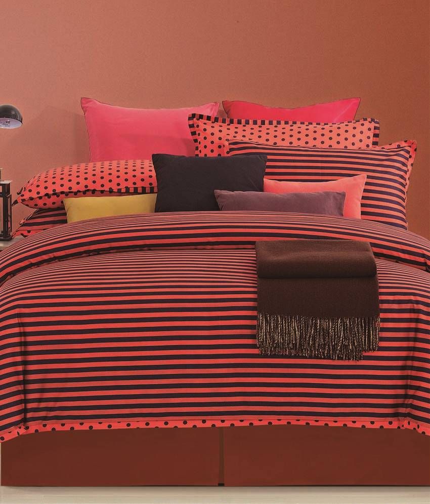 Maishaa Red and Black Striped Bed Sheet with 2 Pillow Covers Buy