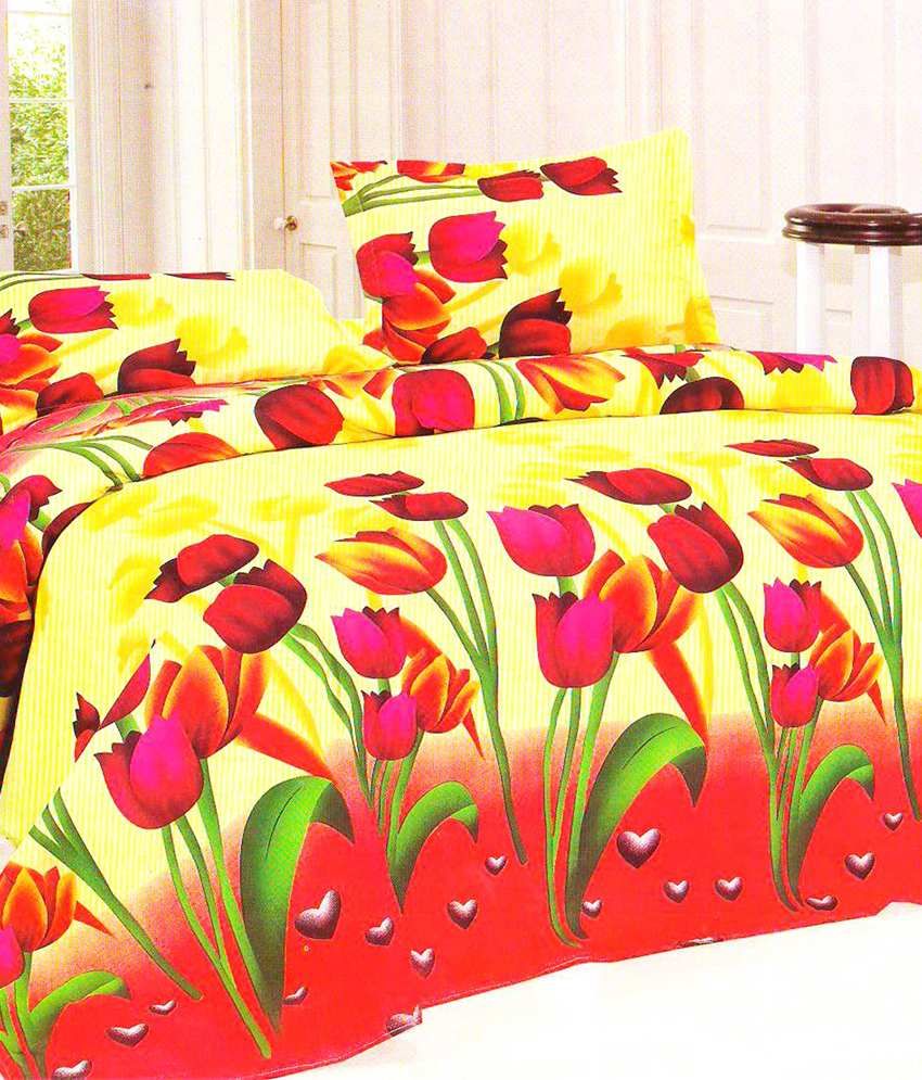 FabLinen Tulips Dreams Double Bed Sheet With 2 Pillows Covers Buy