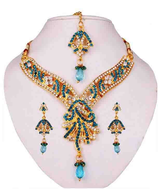 Sharnam Art Blue Stone Traditional Necklace Set With Maang Tika Buy Sharnam Art Blue Stone 4963