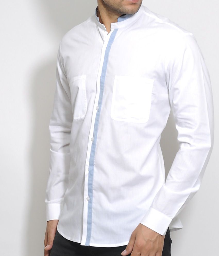 I Know White Band Collar Shirt With Blue Piping And Double Pocket - Buy ...