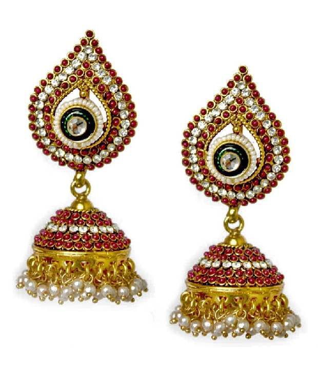 Scrunchh Stone and Motiwork heavy Jhumkas (2.8 inches long, 1.2 inches ...