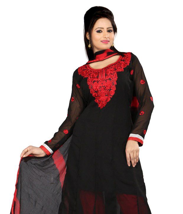 Fabdeal Black Colored Faux Georgette Embroidered Semi-Stitched Suit ...