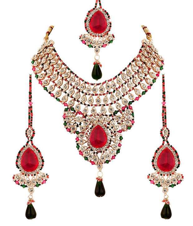 Voylla Patwa Work Maang Tikka Set with Bold Pear Shaped Pink Crystal ...