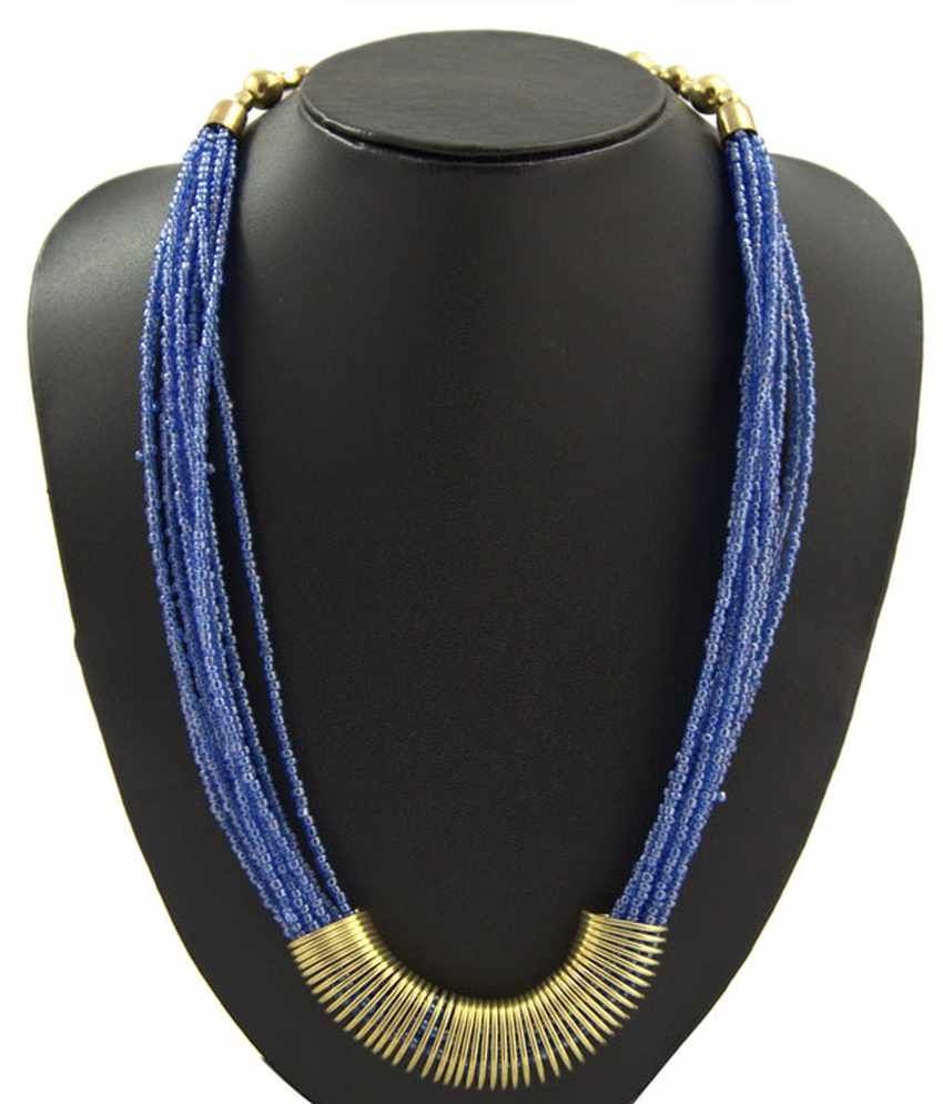 Adrika Blue Color Poth Beads Necklace with Golden Alloy Loop At Bottom ...