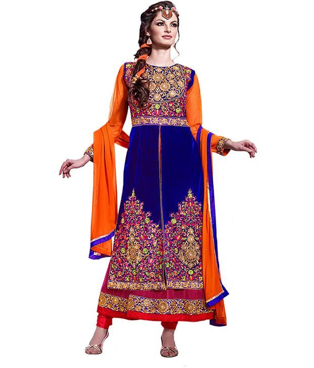 Ethnic Dukaan Blue Embroidered Net Dress Material(Semi Stitched) Buy