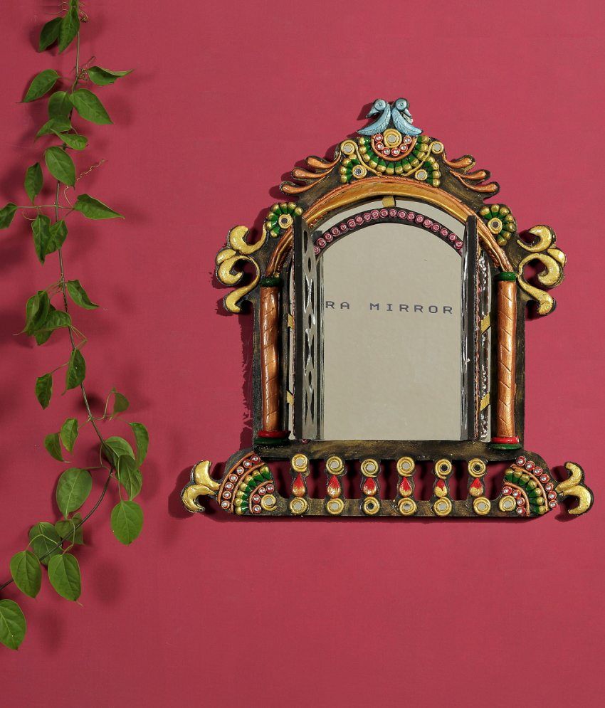 Aapno Rajasthan Multicolour Wood And Clay Mirror With Jharokha Work Aapno Rajasthan Multicolour Wood And Clay Mirror With Jharokha Work Wall Hanging