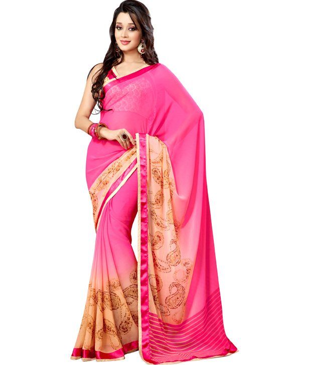 Shraddha Sarees Pink Border Work Faux Chiffon Saree - Buy Shraddha 