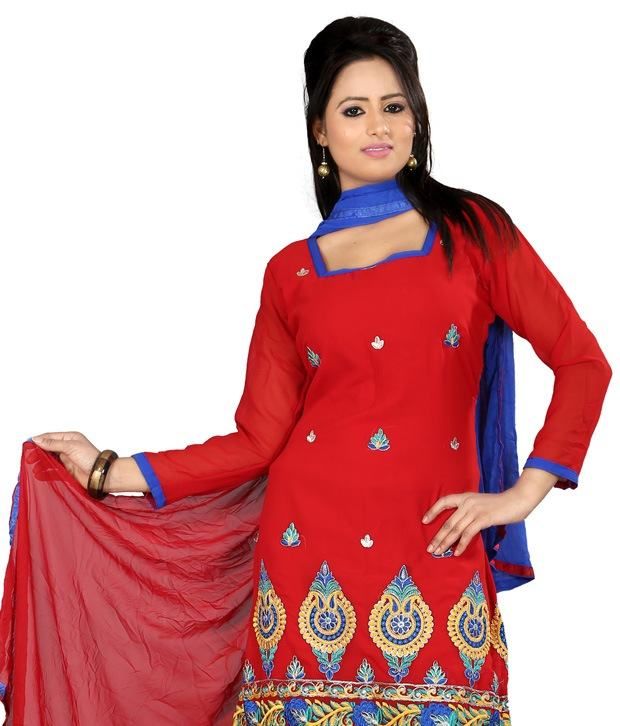 Fabdeal Red Colored Faux Embroidered Dress Material Buy