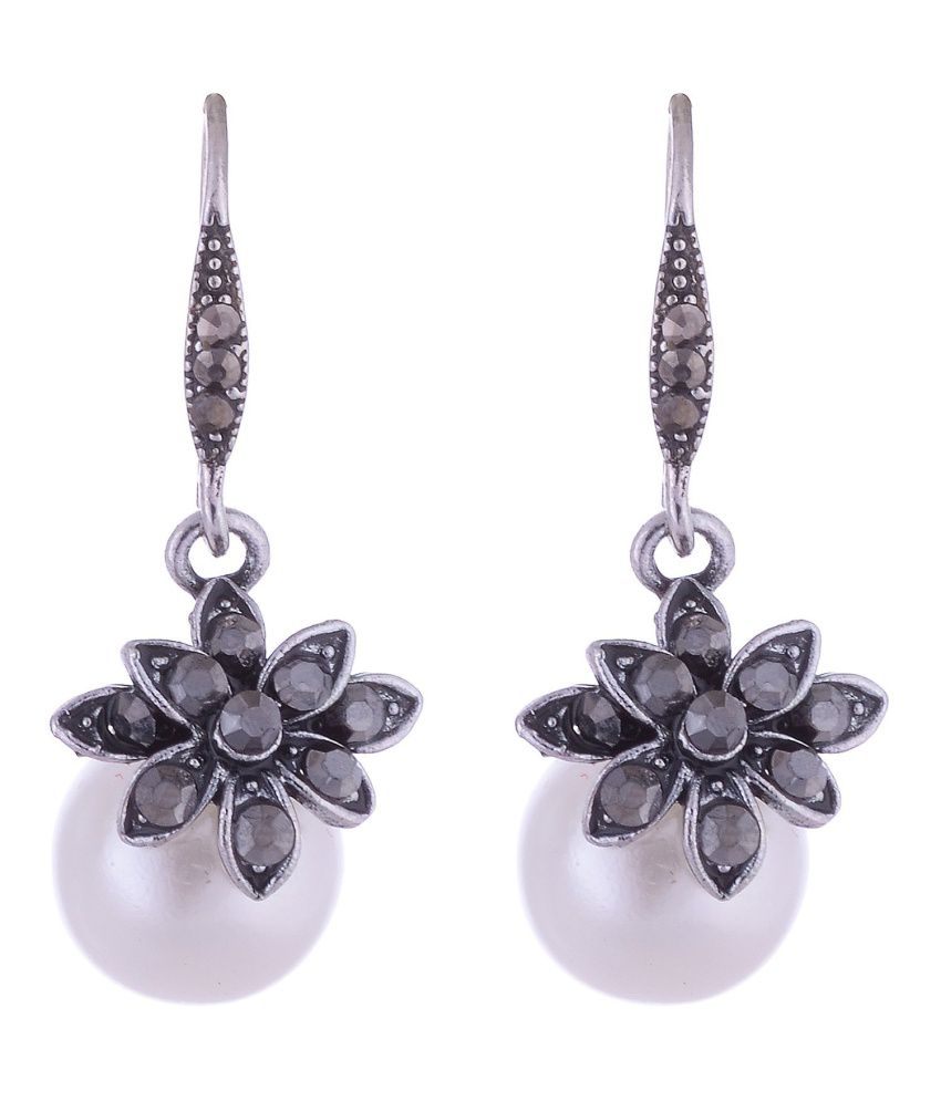     			The Jewelbox Marcasite Pearl Oxidized Drop Earrings