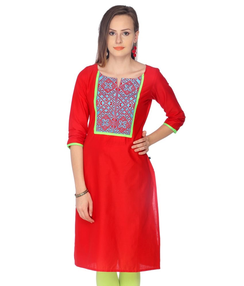 Estyle Crimpson Red Cotton Kurta With Embroidered Yoke From Estyle ...