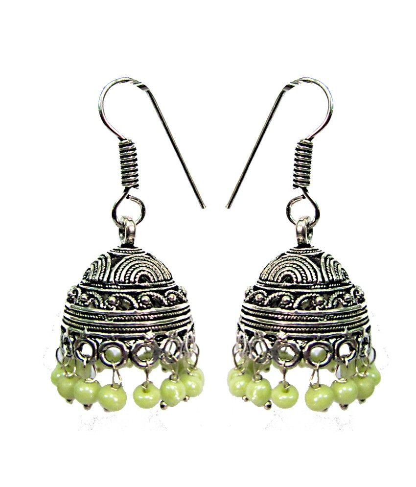 Jewelz Pista Green Antique Jhumki Earrings Buy Jewelz Pista Green Antique Jhumki Earrings