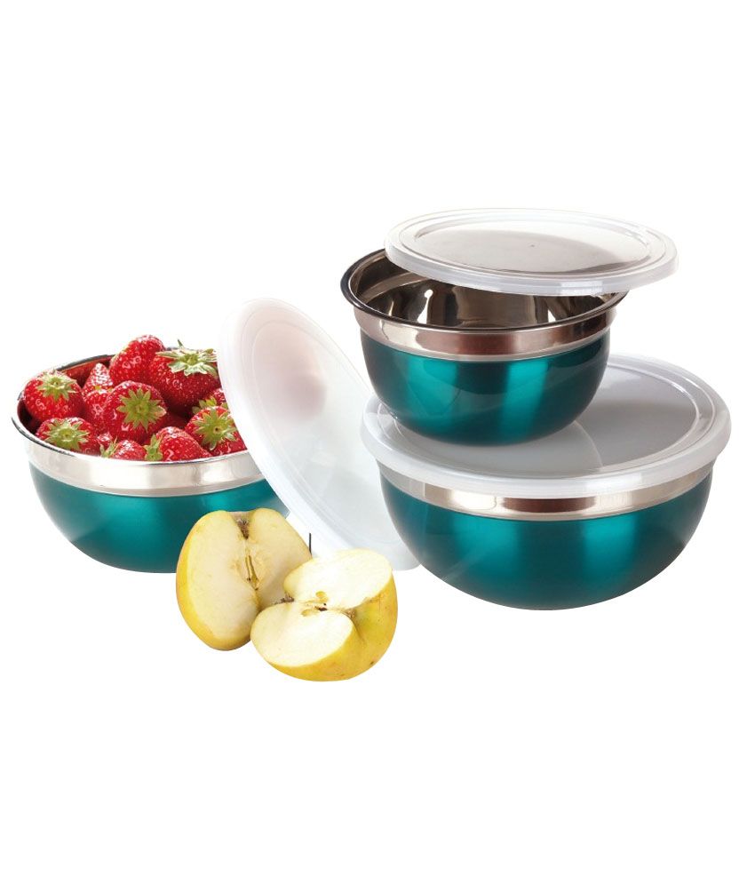 Shri & Sam Steel Coloured Bowl With Plastic Lid (set Of 3) Buy Online