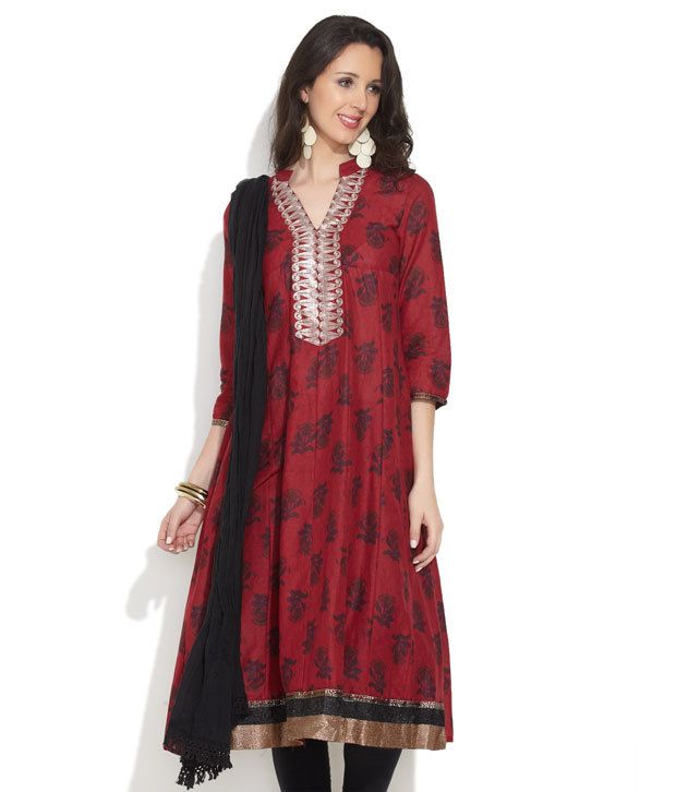 Teej Dark Red Floral Musings Kalidar Kurta - Buy Teej Dark Red Floral ...