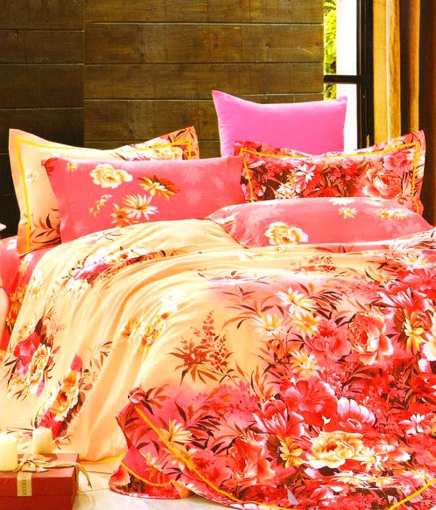 Solitaire Red & Yellow Floral Cotton Double Bed Sheet With 2 Pillow