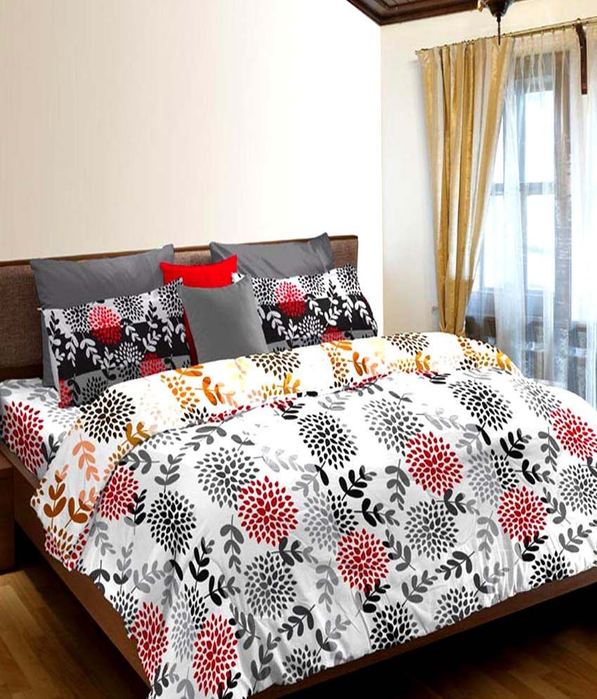 Portico New York White And Red Printed Cotton Double Bedsheet With 2