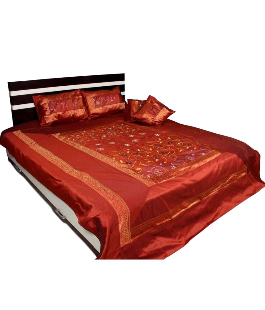 Fulkari Brown Embroidery Silk Double Bed Cover With 2 ...