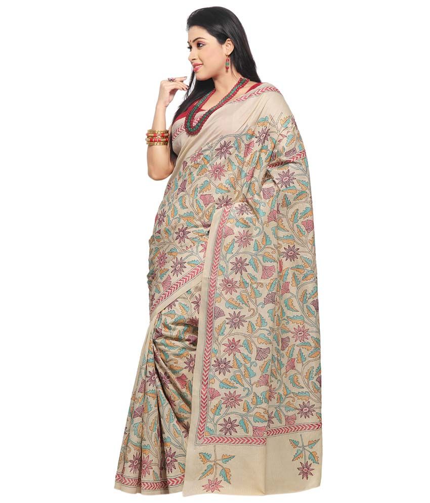 Utsav Fashion Grey and Beige Kantha Work Tussar Silk Saree - Buy Utsav ...