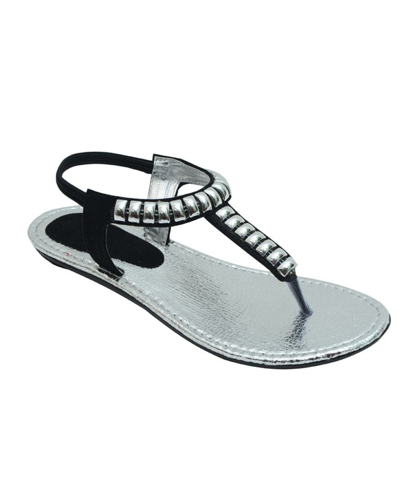black and silver sandals flat