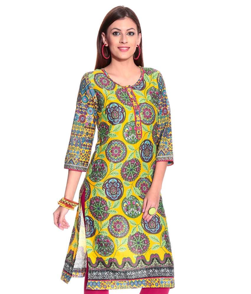 Biba Yellow Printed Cotton Long Kurti - Buy Biba Yellow Printed Cotton ...