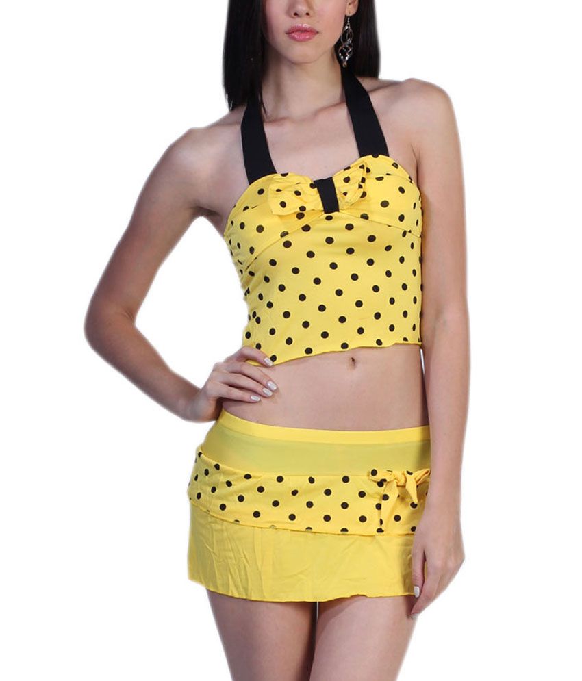 Buy Fascinating Lingerie Swim Sexy Polka Dot Tie Front Halter Yellow