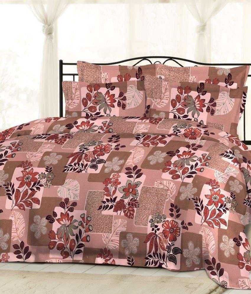 Bombay Dyeing Gardenia Red Floral Cotton Double Bedsheet With 2 Pillow