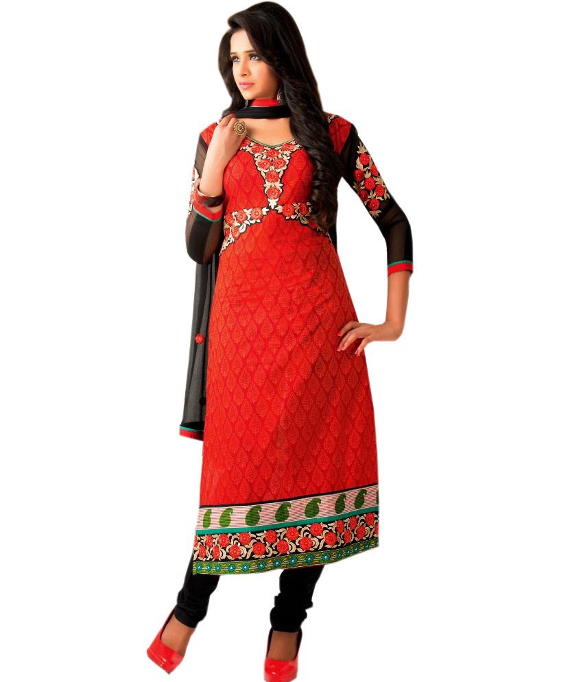 Ample Fashion Red Cotton Semi Stitched Suit Hand Embroidery Straight